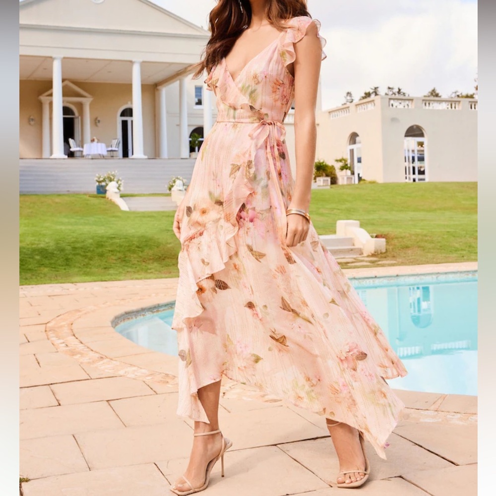 Socialite V-Neck Ruffle Midi Dress in Pink Floral Print - Picture 1 of 6